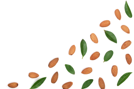 almonds with leaves isolated on white background with copy space for your text. Top viewの写真素材