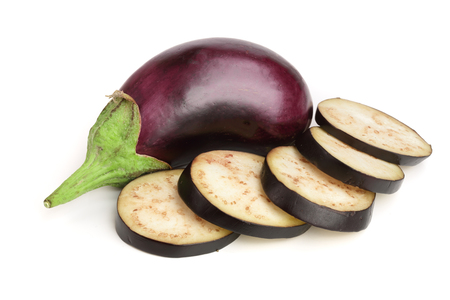 sliced eggplant or aubergine vegetable isolated on white background.の写真素材