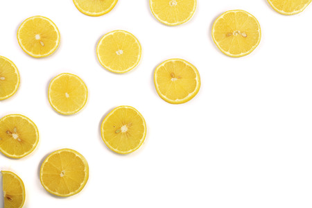 Slices lemon with mint leaves isolated on white background with copy space for your text. Flat lay, top viewの写真素材