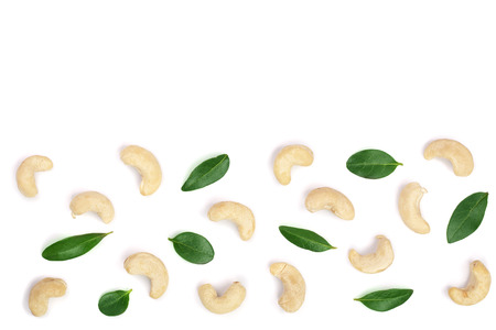 cashew nuts with leaf isolated on white background with copy space for your text. top view. Flat lay patternの写真素材