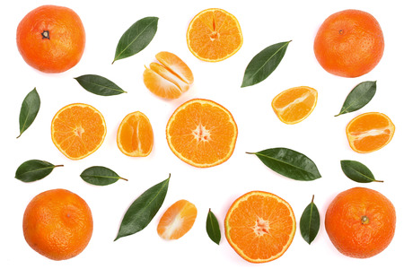 orange or tangerine with mint leaves isolated on white background. Flat lay, top view. Fruit...