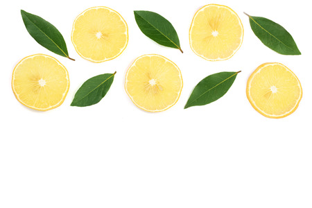 lemon with leaves and slices isolated on white background with copy space for your text. Flat lay, top viewの写真素材