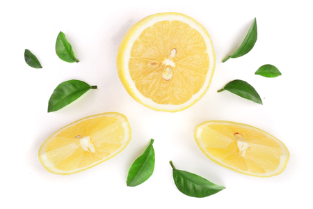 lemon and slices with leaf isolated on white background. Flat lay, top viewの写真素材