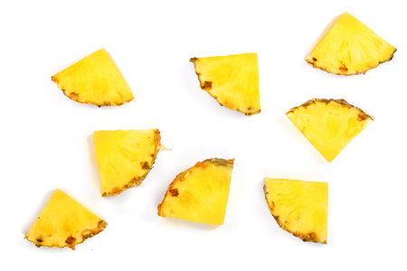 Sliced pineapple isolated on white background. Top view. Flat lay pattern.の写真素材