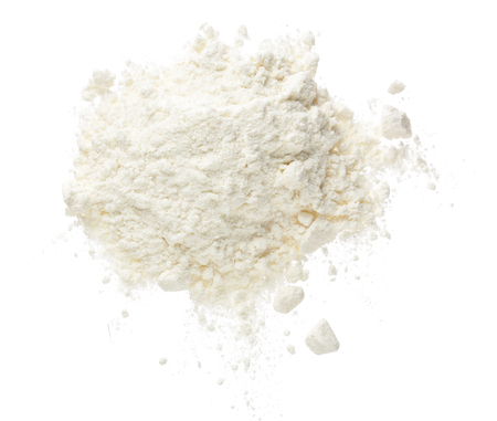 Pile of flour isolated on white background. Top view. Flat lay.の写真素材