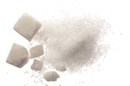 Heap of granulated sugar with cube isolated on white background. Top view. Flat lay.の写真素材