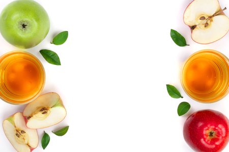 apple with juice and leaves isolated on white background with copy space for your text. top view. Flat lay pattern.の写真素材
