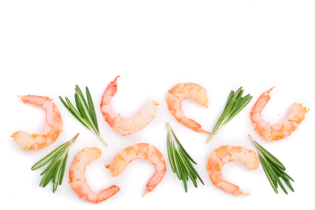 Red cooked prawn or shrimp with rosemary isolated on white background with copy space for your text. Top view. Flat layの写真素材
