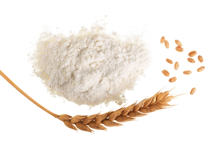 ears of wheat and pile of flour isolated on white background. Top view. Flat lay.の写真素材