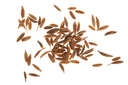 Cumin or caraway seeds isolated on white background. Top view.の写真素材