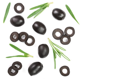 whole and sliced black olives with rosemary leaves isolated on white background. Top view. Flat lay pattern.の写真素材