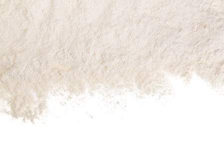 Pile of flour isolated on white background with copy space for your text. Top view. Flat lay.の写真素材