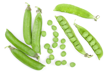 Fresh green pea pod isolated on white background. Top view. Flat layの写真素材