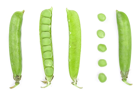 Fresh green pea pod isolated on white background. Set or collection. Top view. Flat lay patternの写真素材