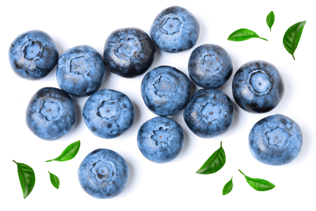 fresh ripe blueberry with leaf isolated on white background. Top view. Flat lay pattern.の写真素材