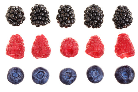 blackberry blueberry raspberry isolated on white background. Top view. Set or collection.の写真素材
