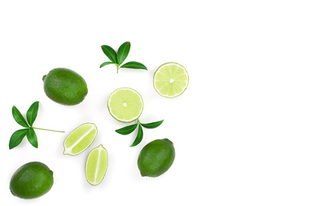 sliced lime with leaves isolated on white background with copy space for your text.. Top view. Flat...