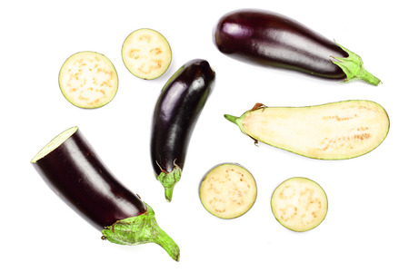 eggplant or aubergine isolated on white background. Top view. Flat lay pattern.の写真素材
