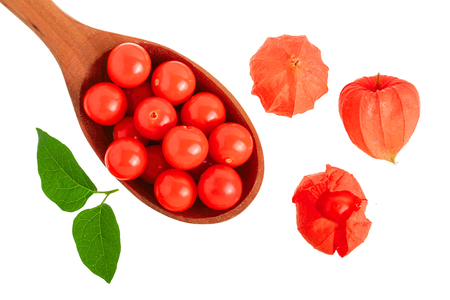 physalis berry in wooden spoon isolated on white background. Top view. Flat lay pattern.の写真素材