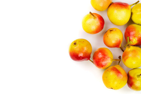 ripe red yellow pear fruits isolated on white background with copy space for your text. Top view....
