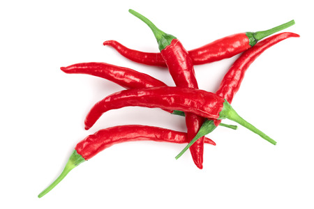 red hot chili peppers isolated on white background. Top view. Flat lay pattern.