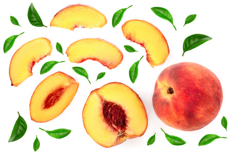 ripe peaches with leaves isolated on white background. Top view. Flat lay pattern.の写真素材