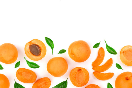 Apricot fruits isolated on white background with copy space for your text. Top view. Flat lay pattern.の写真素材