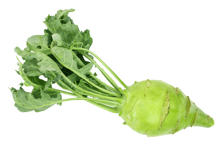 Fresh kohlrabi with green leaves isolated on white backround. Top view. Flat lay .の写真素材