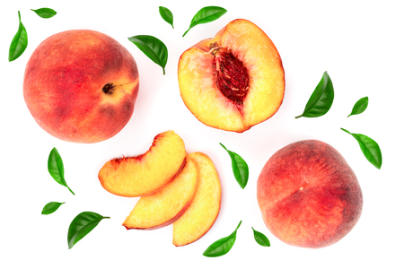 ripe peaches with leaves isolated on white background. Top view. Flat lay patternの写真素材