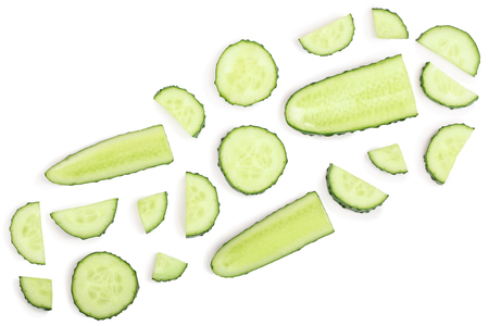 Cucumber slices isolated on white background with copy space for your text. Top view. Flat lay pattern. Set or collection.の写真素材