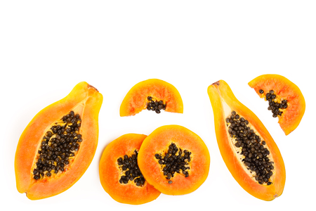 ripe slice papaya isolated on a white background with copy space for your text. Top view. Flat layの写真素材