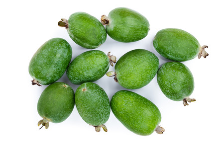 Tropical fruit feijoa Acca sellowiana isolated on white background. Top view. Flat lay patternの写真素材
