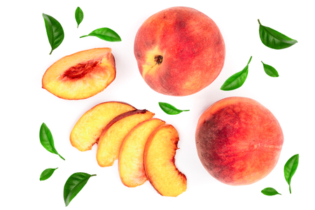 ripe peaches with leaves isolated on white background. Top view. Flat lay patternの写真素材