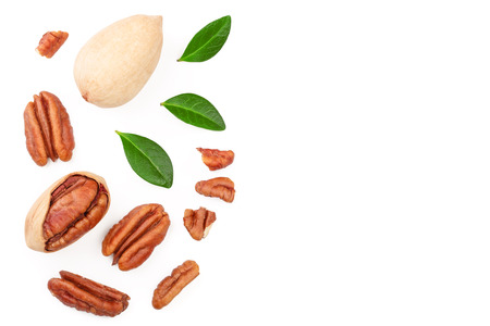 pecan nut decorated with green leaves isolated on white background. Top view. Flat lay