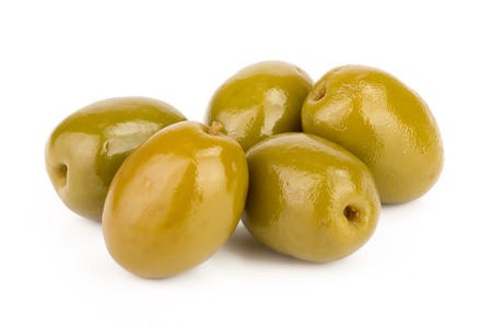 Green olives isolated on a white backgroundの写真素材