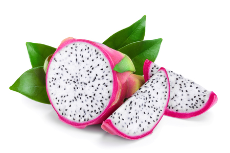 half of Ripe Dragon fruit, Pitaya or Pitahaya with leaves isolated on white background, fruit healthy concept.の写真素材