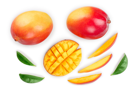 Mango fruit and half with slices isolated on white background. Set or collection. Top view. Flat lay.の写真素材