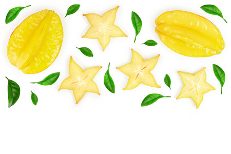 Carambola or star-fruit isolated on white background. Top view. Flat layの写真素材