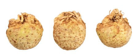 Fresh celery root isolated on white background. Top view. Flat lay. Set or collection,の写真素材