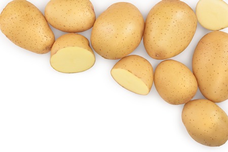 Young potato isolated on white background. Harvest new. Top view. Flat lay, Set or collection,の写真素材