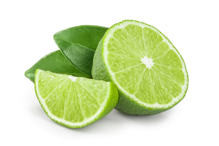 half lime with leaves isolated on white backgroundの写真素材