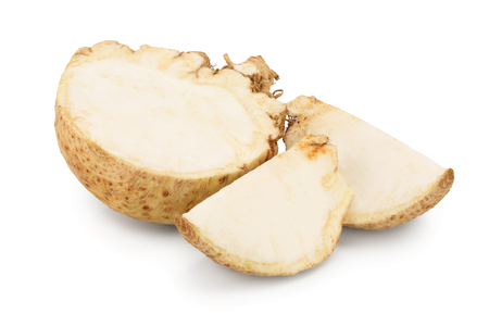 Fresh celery root half and slice isolated on white background.の写真素材