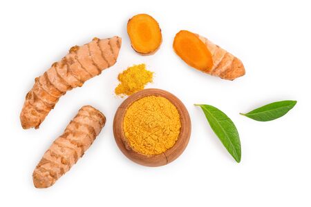 Turmeric powder and turmeric root isolated on white background. Top view. Flat layの写真素材