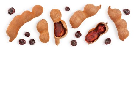 Tamarind fruit with seed isolated on white  with copy space for your text. Top view. Flat layの写真素材