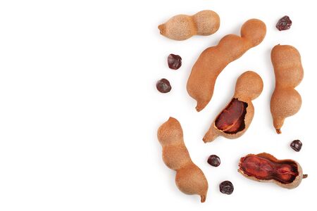 Tamarind fruit with seed isolated on white background with copy space. Top view. Flat layの写真素材