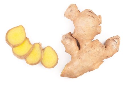 Fresh ginger root and slices isolated on white background.の写真素材