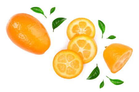 Cumquat or kumquat with slies isolated on white background. Top view. Flat layの写真素材