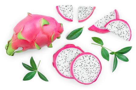 Dragon fruit, Pitaya or Pitahaya with leaf isolated on white background. Top view. Flat layの写真素材