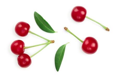 Some cherries with leaf closeup isolated on white background. Top view. Flat lay