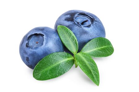 fresh blueberry with leaves isolated on white backgroundの写真素材